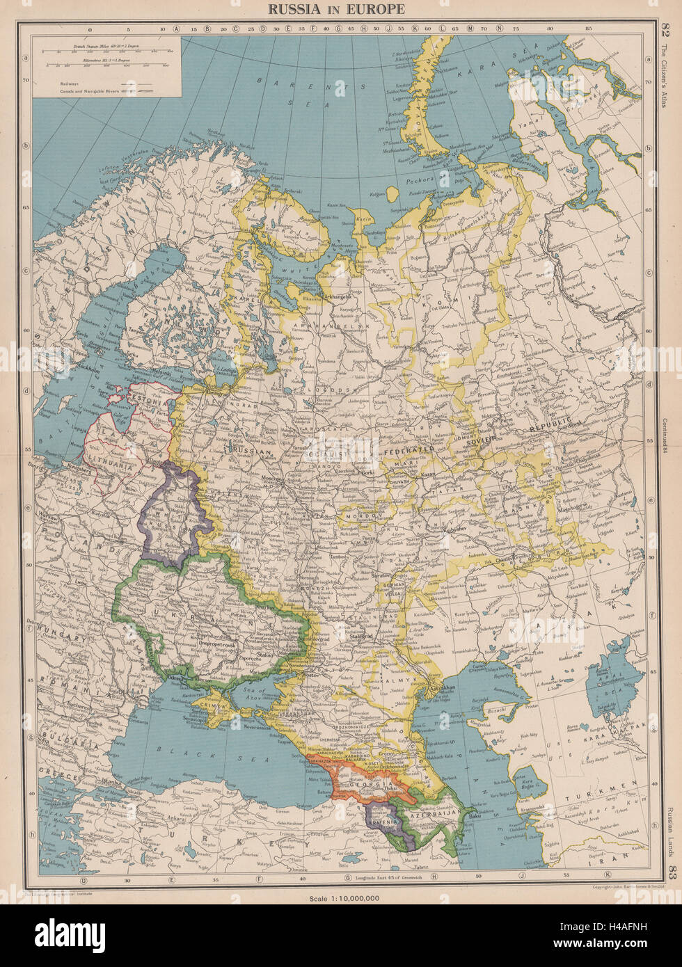 UDSSR. Russland umfasst Crimea. Weißrussland als "White Russia". Caucasus 1944 alte Karte Stockfoto