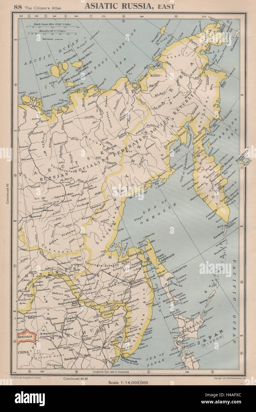 ASIATISCHE RUSSLAND, OST. Sibirien Yakutsk Sachalin. Bartholomäus 1944 alte Karte Stockfoto