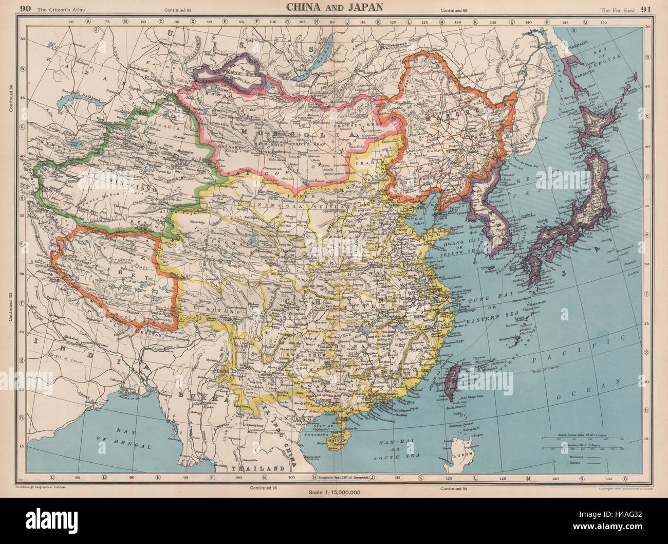 OST-ASIEN. Unabhängigen Tibet Xinjiang Tuva. Japanisch besetzten Mandschurei 1944 Karte Stockfoto