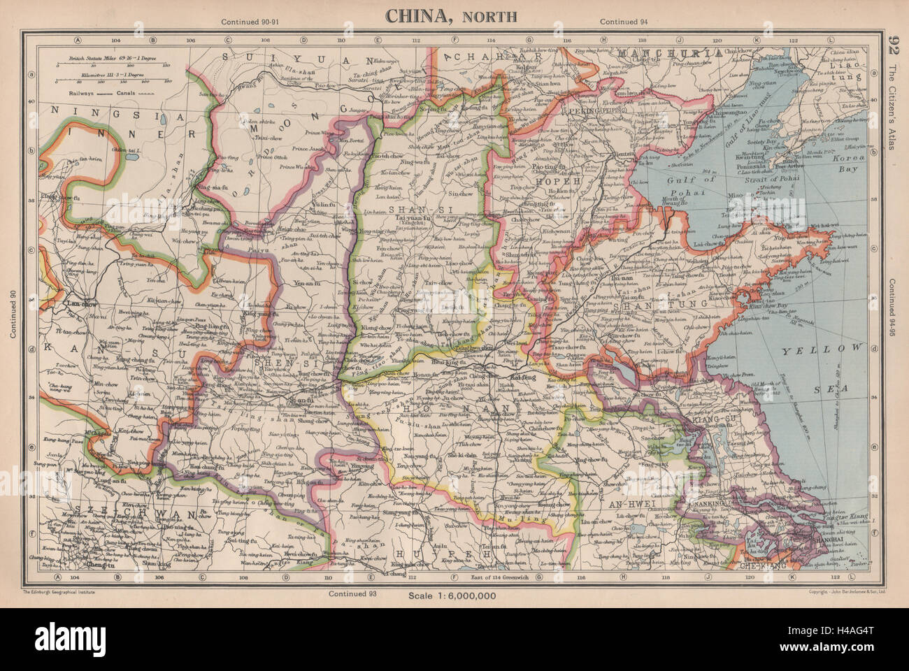 NORD-CHINA. Shandong Hopeh Shansi Kiangsu Shensi. Bartholomäus 1944 alte Karte Stockfoto