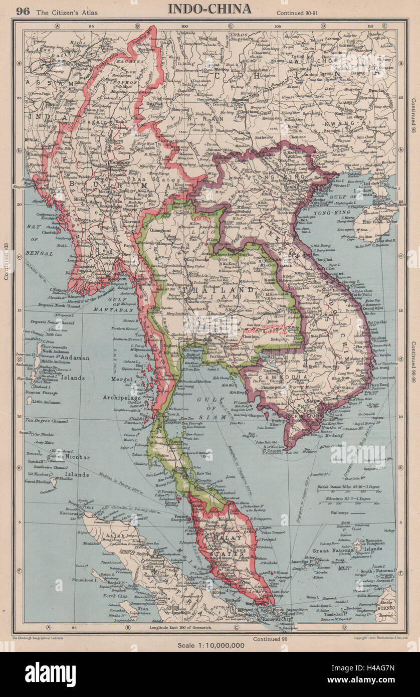 INDOCHINA. Zeigt Grenzänderungen von Franco-Thai Krieg (1940-1941) 1944 alte Karte Stockfoto