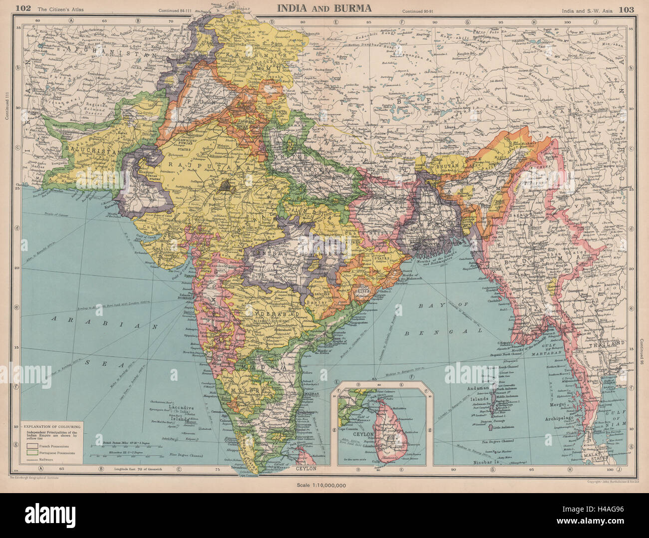 BRITISCH-INDIEN. Süd-Asien. Burma. Portugiesischen Enklaven. Bartholomäus 1944 Karte Stockfoto