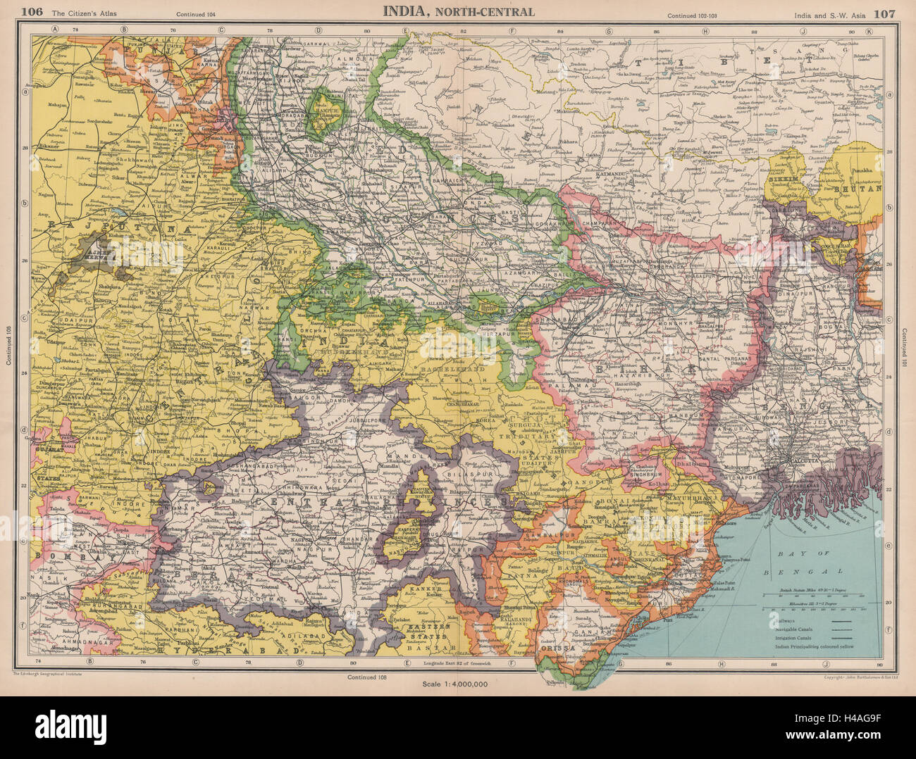 NORD-OST INDIEN. Nepal Bihar Bengal zentralen Provinzen. Bartholomäus 1944 Karte Stockfoto