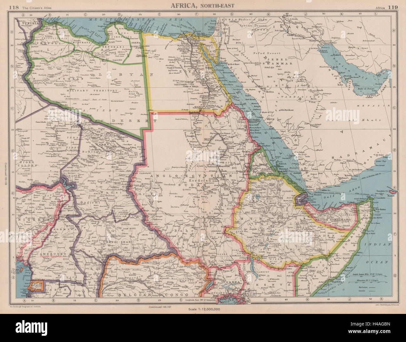 NORD-OST-AFRIKA. Libyen-Ägypten-Sudan-Äthiopien-Tschad. Bartholomäus 1944 alte Karte Stockfoto