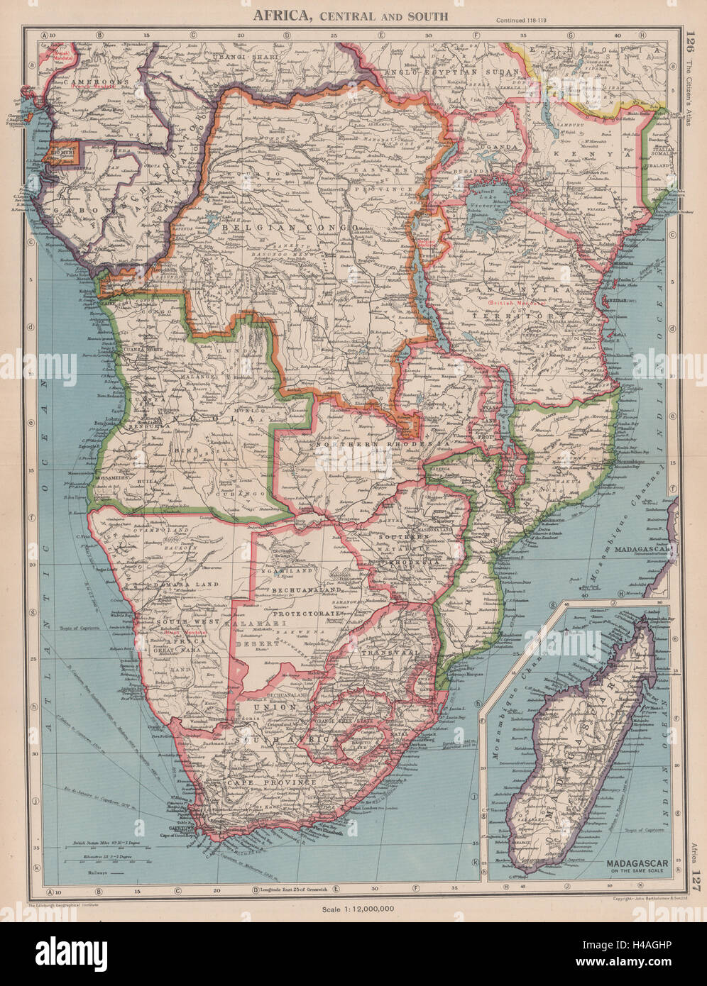 SÜDLICHEN AFRIKA. Alte Karte von Belgisch-Kongo Rhodesien Betschuanaland Tangyanika 1944 Stockfoto
