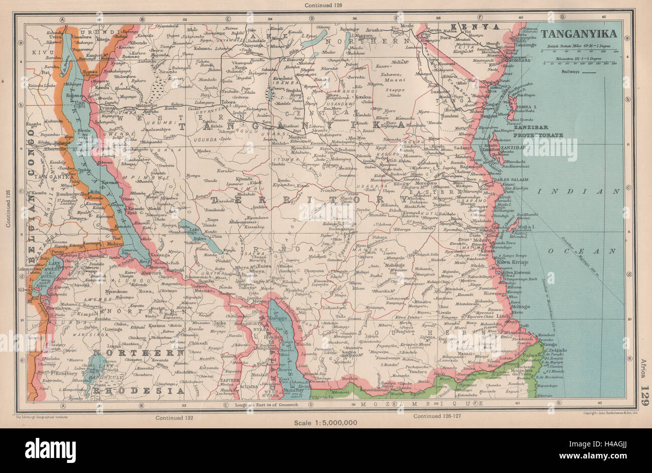 TANGANYIKA. Süd-Tansania. Zanzibar Protektorat. Bartholomäus 1944 alte Karte Stockfoto