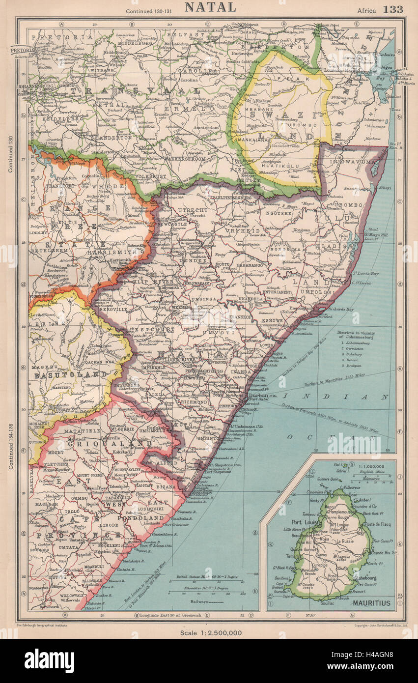NATAL & SWASILAND. Einfügung von Mauritius. Südafrika. Bartholomäus 1944 alte Karte Stockfoto