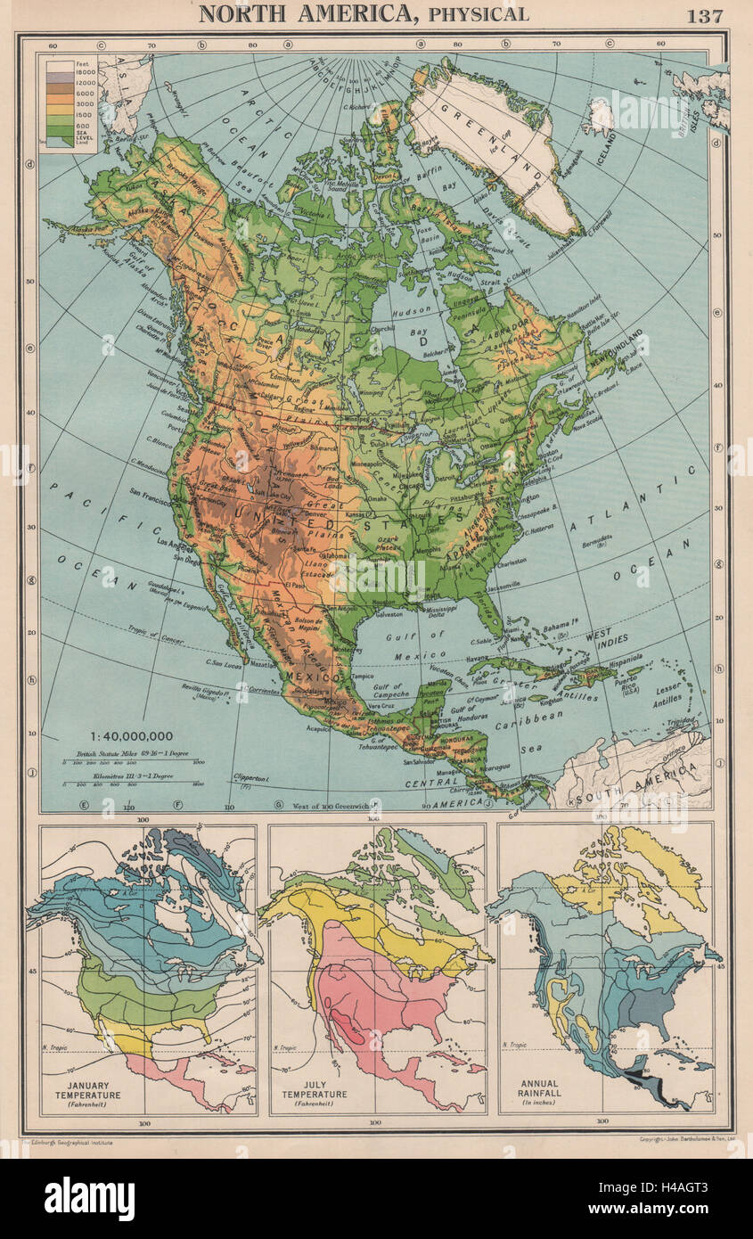 NORDAMERIKA-PHYSIKALISCHE & KLIMA. Temperatur. Niederschläge. Bartholomäus 1944 Karte Stockfoto