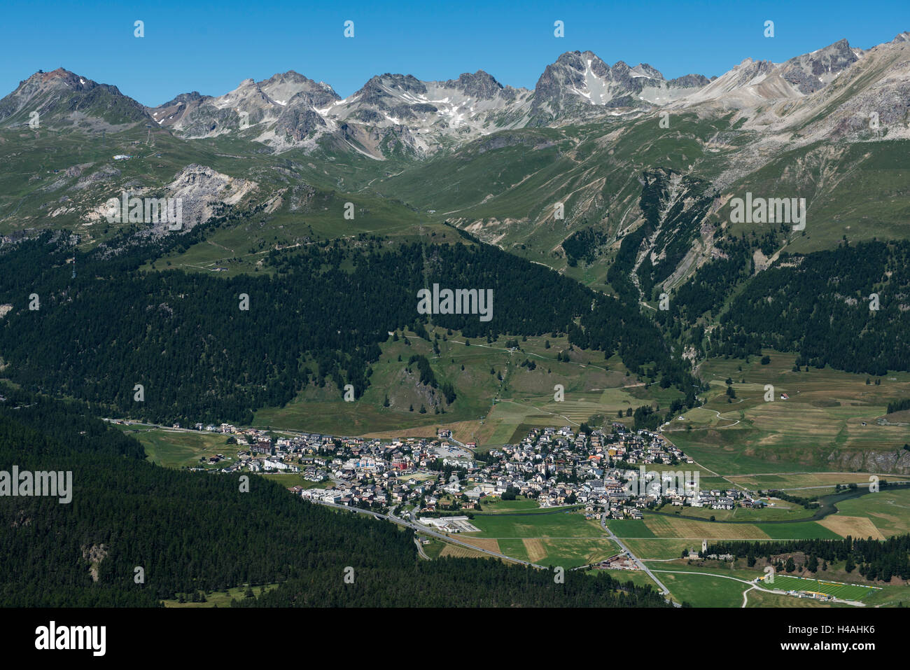 Celerina, Berg Ort, Corviglia, Piz Naiz, Graubünden, Engadin, Stazerwald, Luftbild, Schweiz Stockfoto