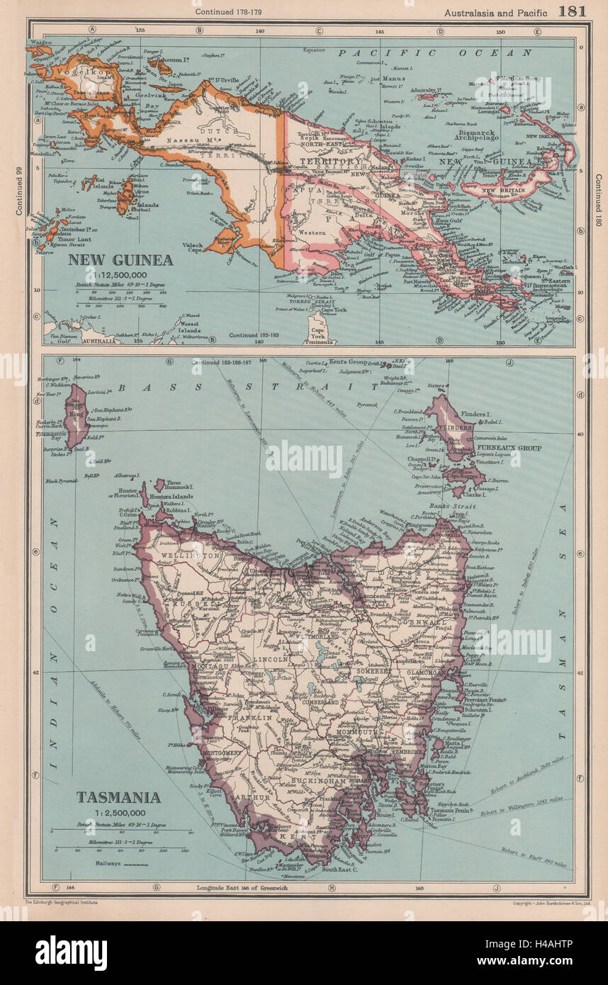 AUSTRALASIEN. Neu-Guinea; Tasmanien zeigt Grafschaften. Bartholomäus 1944 alte Karte Stockfoto