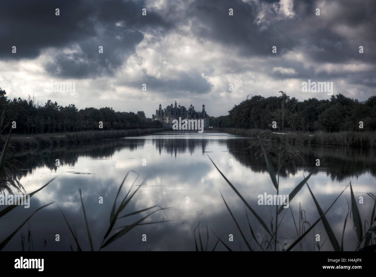 Château de Chambord, Wasser Spiegelung, Schlosspark, Loire, Frankreich, Europa Stockfoto