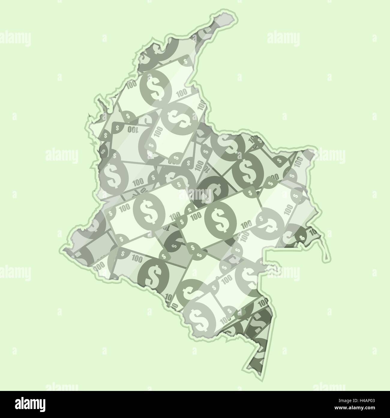 Landkarte Kolumbien bedeckt in Geld, Banknoten von 100 US-Dollar. Auf der Karte gibt es Glas Reflexion. Konzeptionelle. Stock Vektor