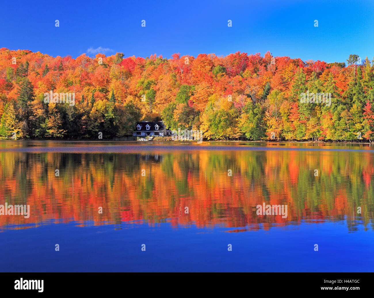 Herbstfarben und Nebel Reflektionen auf dem See, Quebec, Kanada Stockfoto