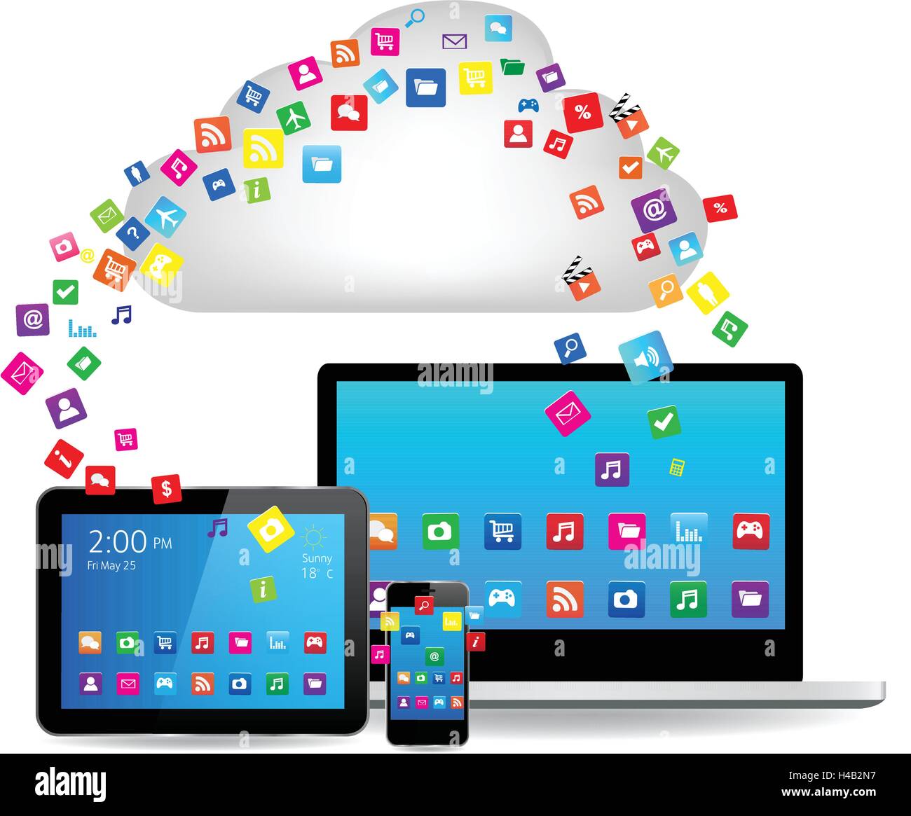 Cloud-computing-Konzeptdesign. Geräte in die "Cloud". Stock Vektor