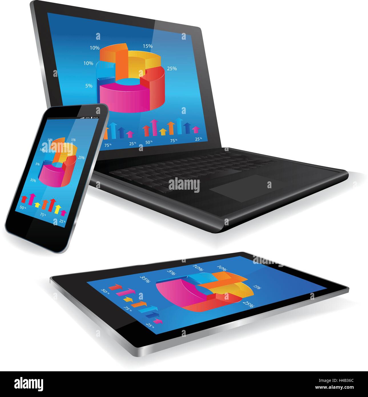 Laptop Tablet und Smartphone mit Business-Grafik Stock Vektor