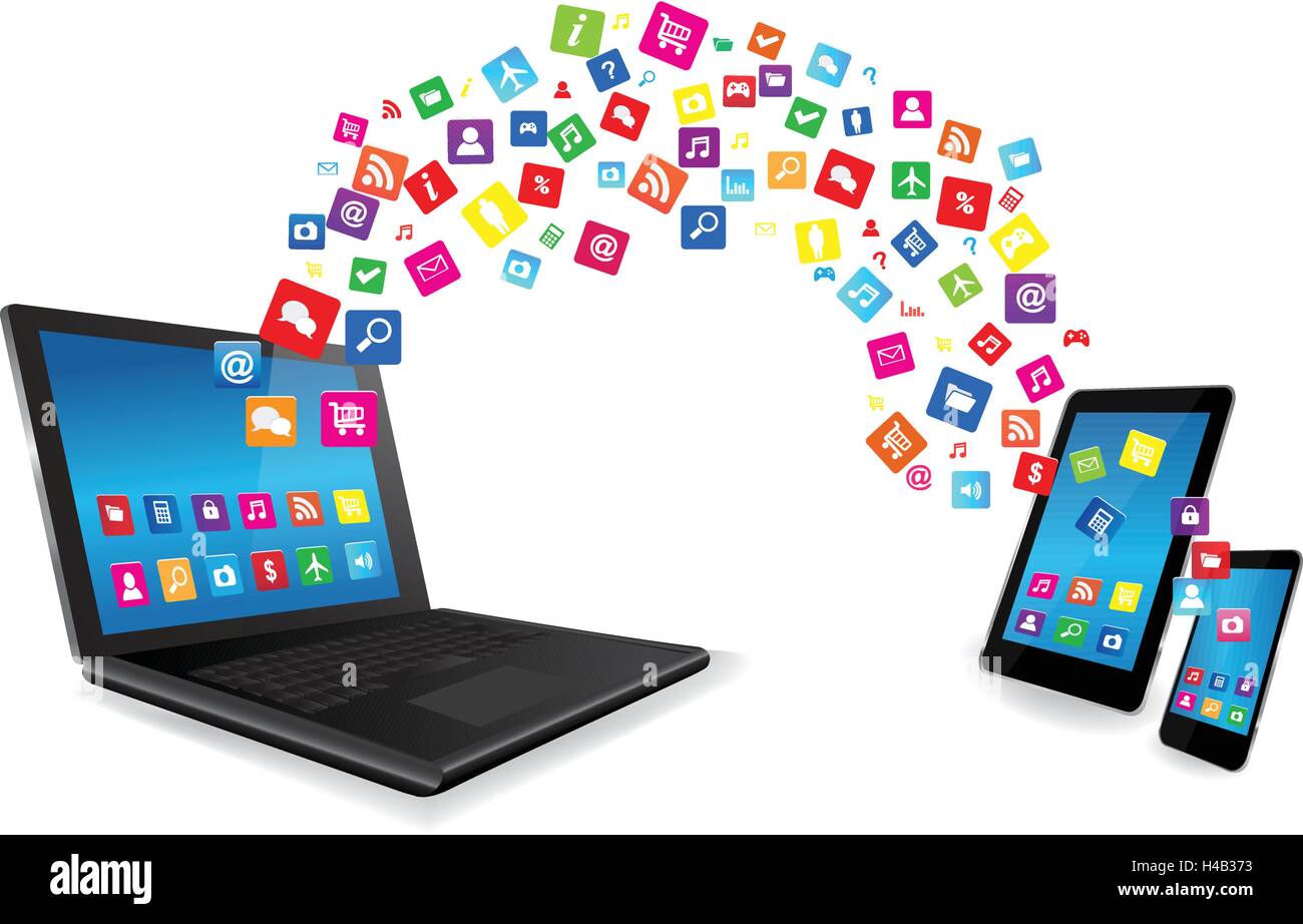 Moderne Kommunikation Technologie Illustratiom. Laptop, TabletPC und Smartphone-Apps Stock Vektor