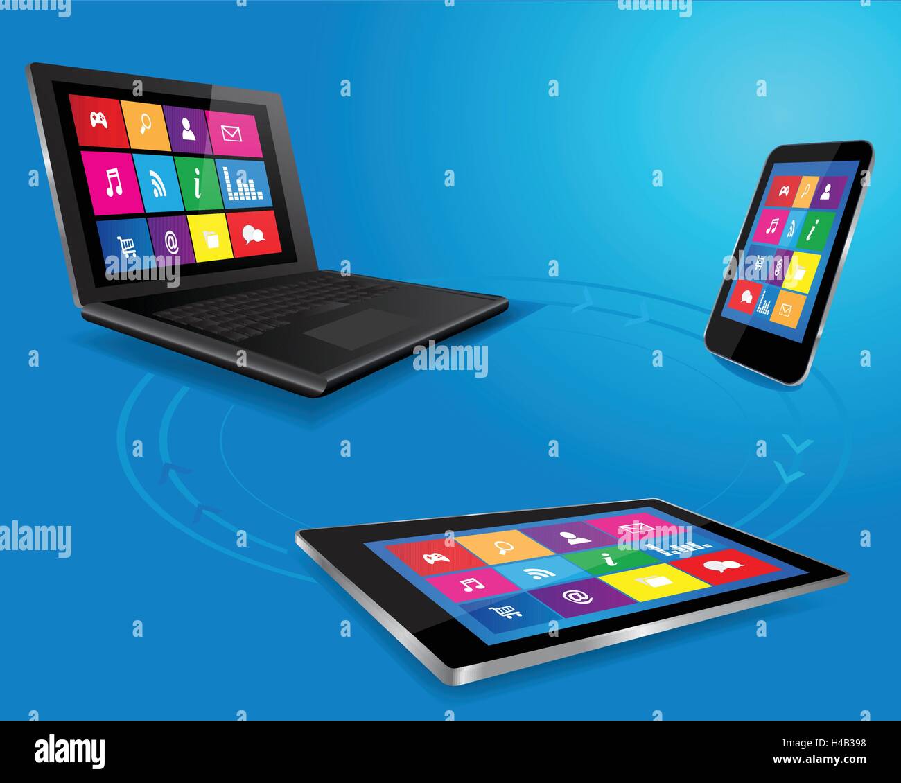 Geschäftskonzept mit Tablet PC, Smartphone, Laptop und Anwendung icons Stock Vektor