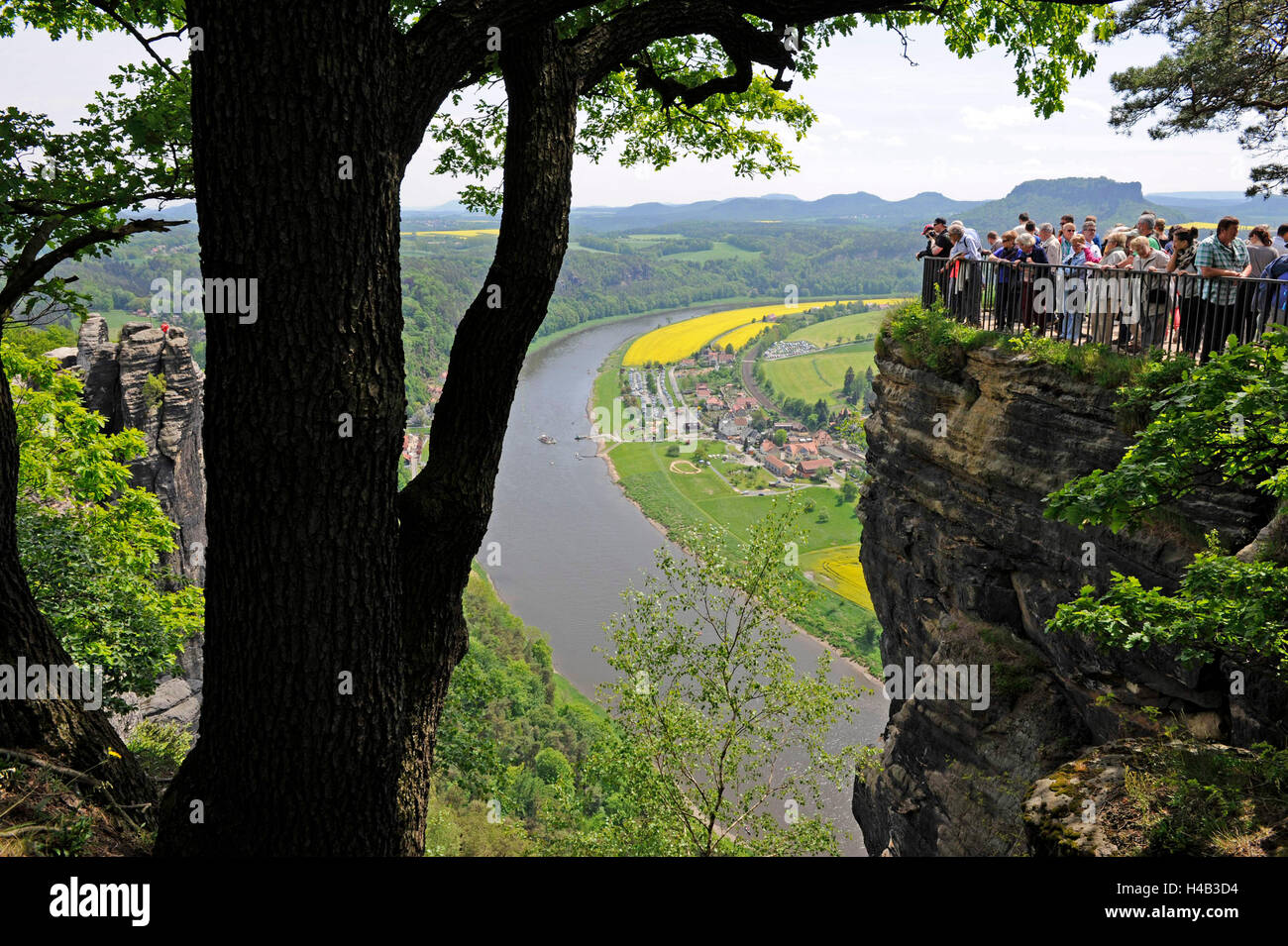 Blick von der Basteifelsen, spektakulär, Suche, Touristen, Elbtal, Kurort Rathen, Sächsische Schweiz Stockfoto