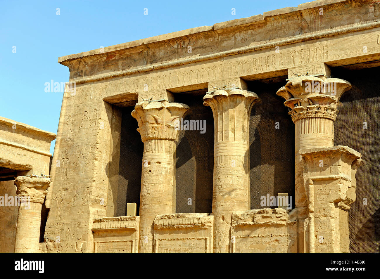 Antiken Säulen, Pflanze Hauptstädte, Hieroglyphen, Horus-Tempel, Edfu, Oberägypten Stockfoto