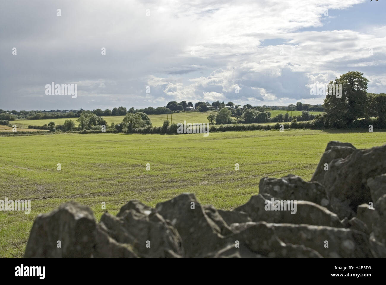 Irland, Leinster, Louth, Monasterboice, Landschaft, Steinen, Wiesen, Wolken, Stockfoto