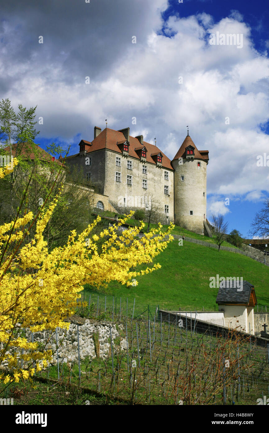 Schweiz, "Chateau de GruyÞres" im Schweizer Kanton Freiburg an einem sonnigen Frühlingstag Stockfoto