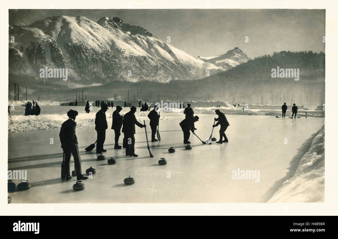 Postkarte, historische, St. Moritz, Schweiz, Winter, Curling, s/w, Stockfoto