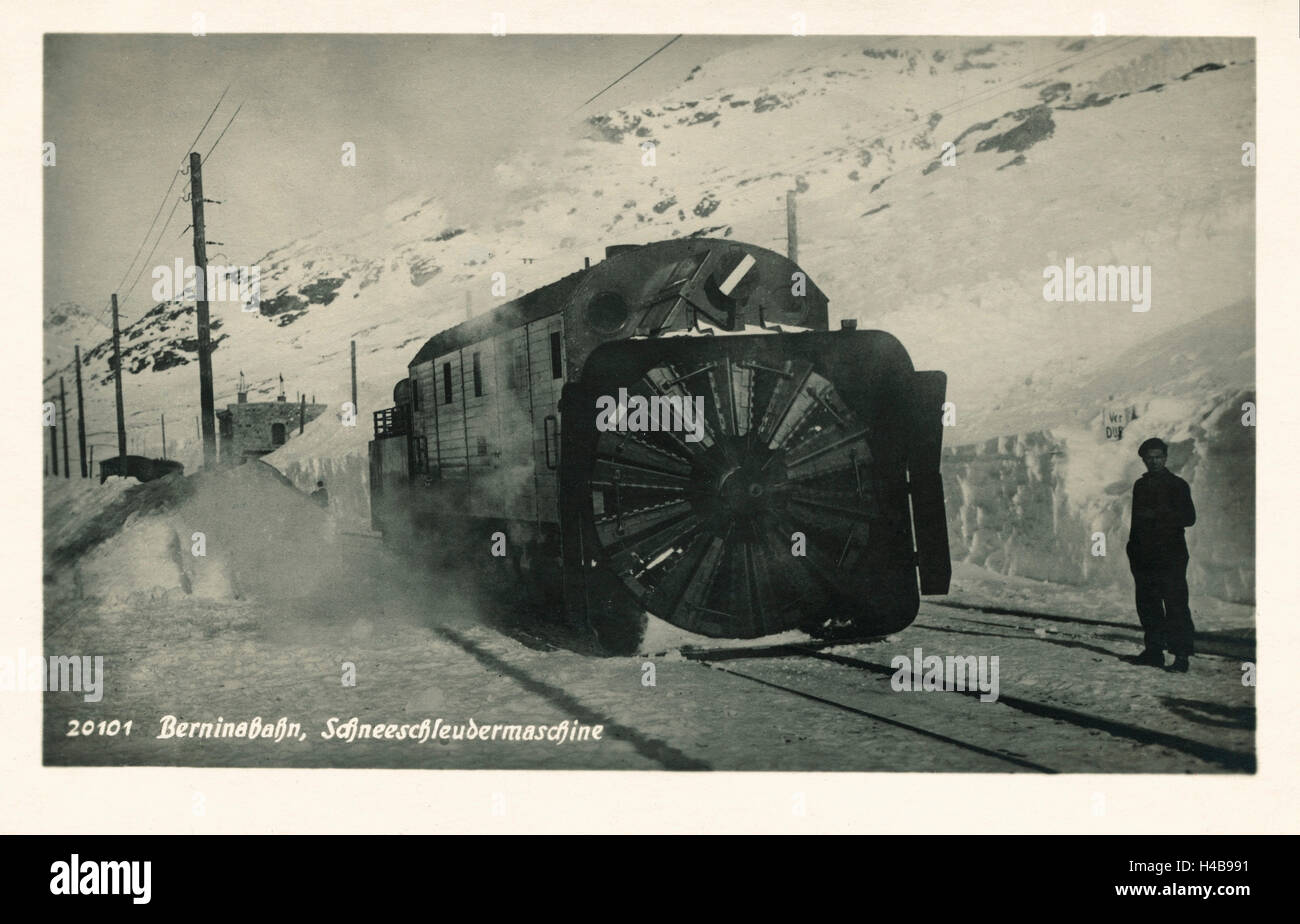 Postkarte, historische Berninabahn, Winter, Schnee-Gebläse Maschine, s/w, Stockfoto