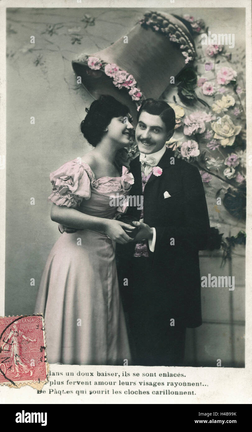 Postkarte, historische, glückliche Paare, Hochzeit Stockfoto