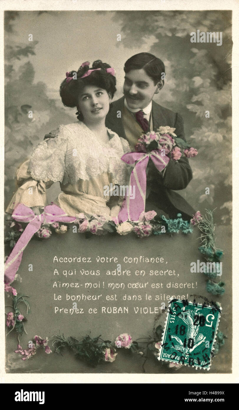 Postkarte, historische, glückliches Paar, Blumen, Sprichwort, Liebeserklärung, in Französisch, Stockfoto
