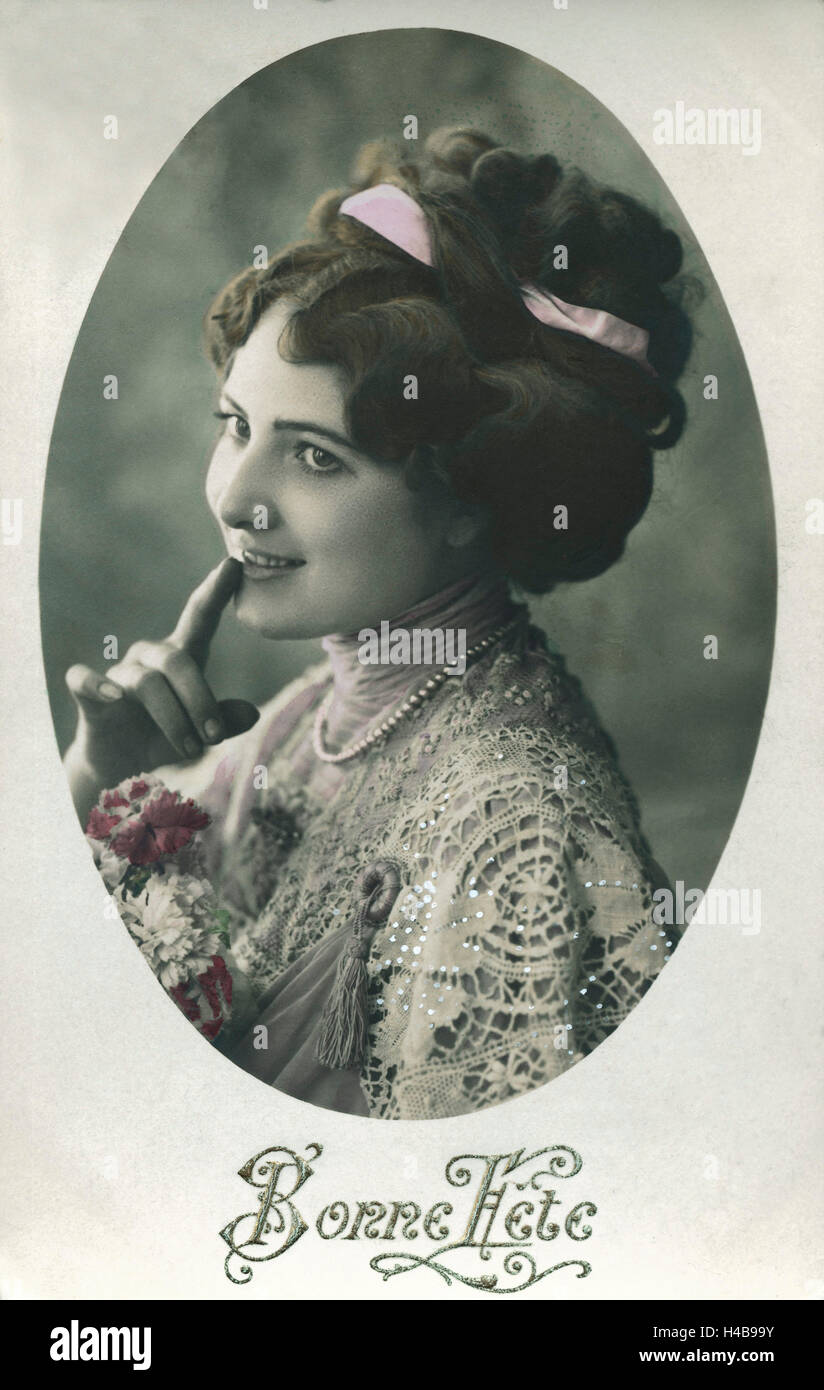 Postkarte, historische, junge Frau, Blumen, Geste, Porträt, Geburtstagswünsche, Bonne Fete Stockfoto