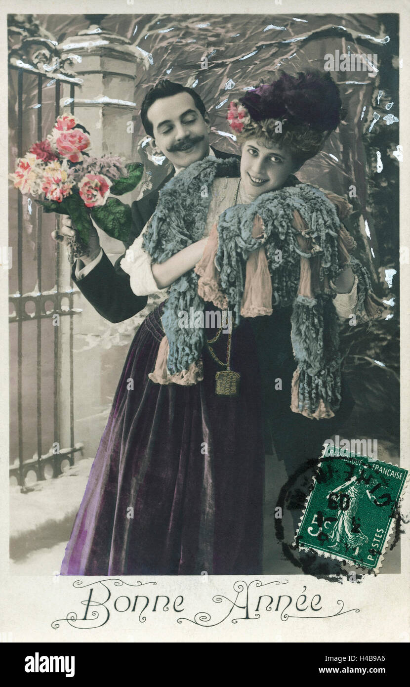 Postkarte, historische, paar, Strauß, glücklich, in Liebe, neues Jahr wünscht, Bonne Année Stockfoto