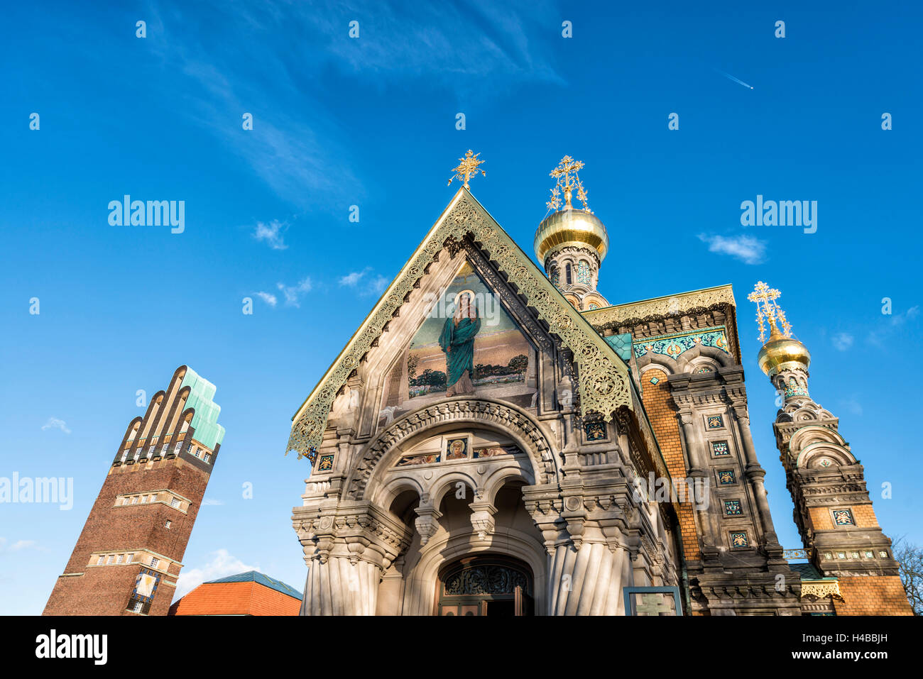 Deutschland, Hessen, Darmstadt, russische orthodoxe Kapelle und Hochzeitsturm auf der Mathildenhöhe, Saint Mary Magdalene, Stockfoto