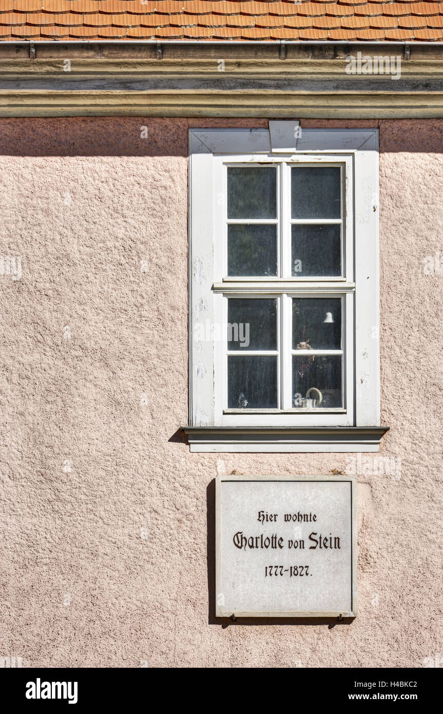 Deutschland, Thüringen, Weimar, Charlotte von Stein Haus, Gedenktafel, Stockfoto