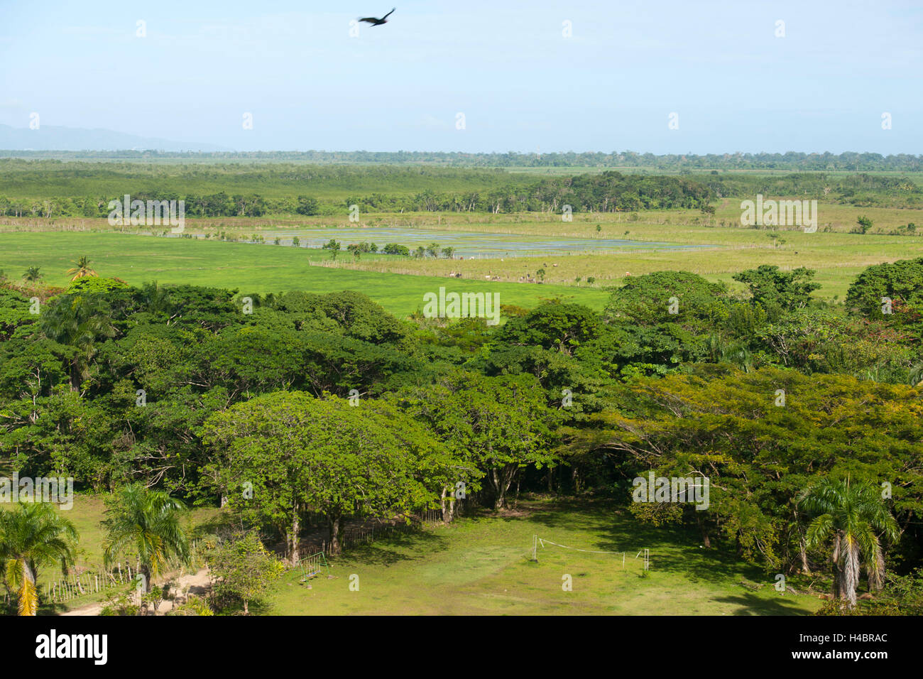 Der Dominikanischen Republik, im Osten, Sabana De La Mar, Blick von der Hotel Paraiso Cano Hondo über den Stapel Haitises Nationalpark und die Bucht von Samana auf der Halbinsel Samana Stockfoto