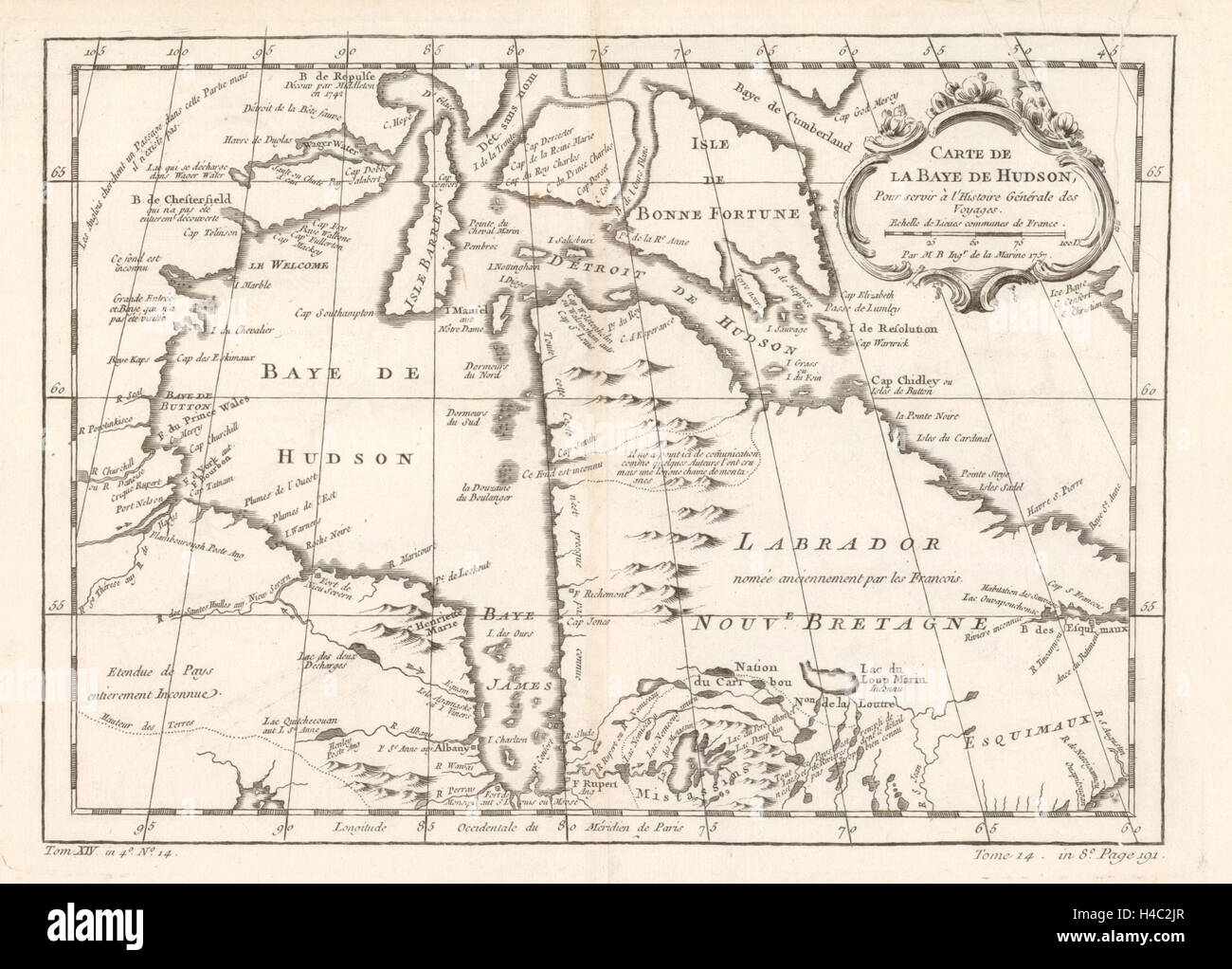 "Carte De La Baye de Hudson" von J-N BELLIN. Hudson Bay. Kanada 1757 alte Karte Stockfoto