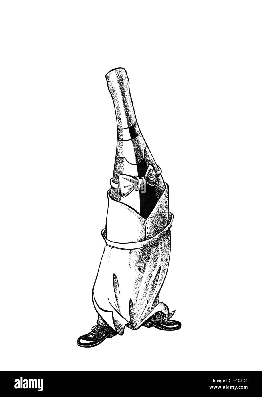 Flasche Champagner mit Fliege und Weste Stockfoto