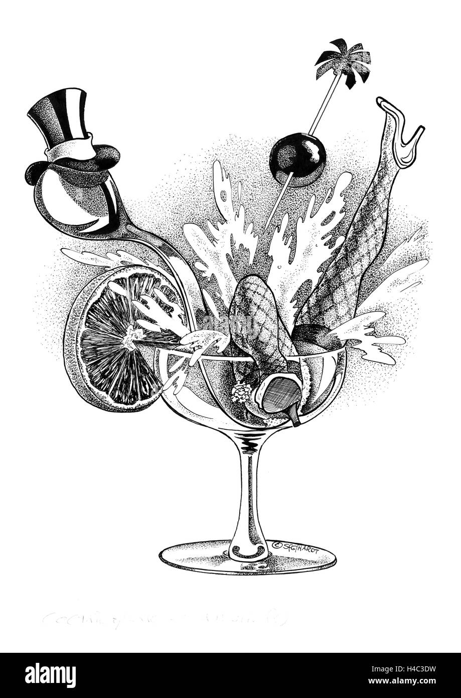 Cocktail mit Zylinderhut und Beine mit Netz-Strumpf Stockfoto