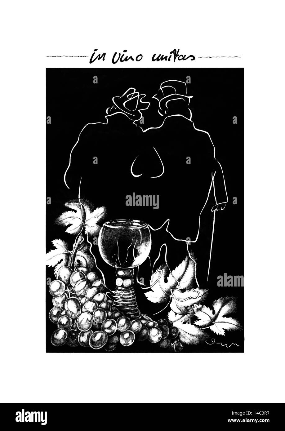 Abbildung von zwei Männern und Weinglas Stockfoto