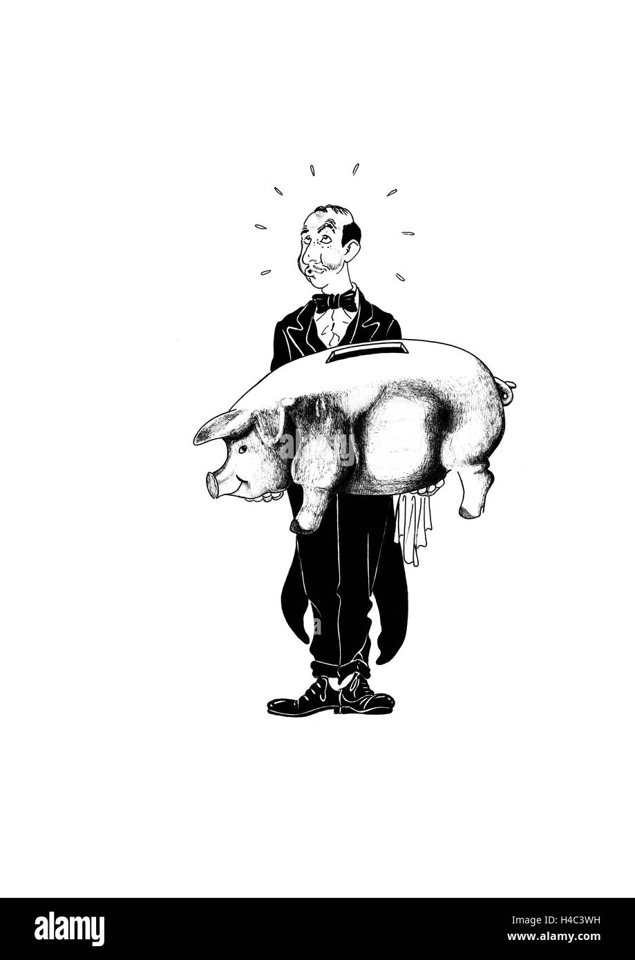 Kellner mit großen Sparschwein Stockfoto