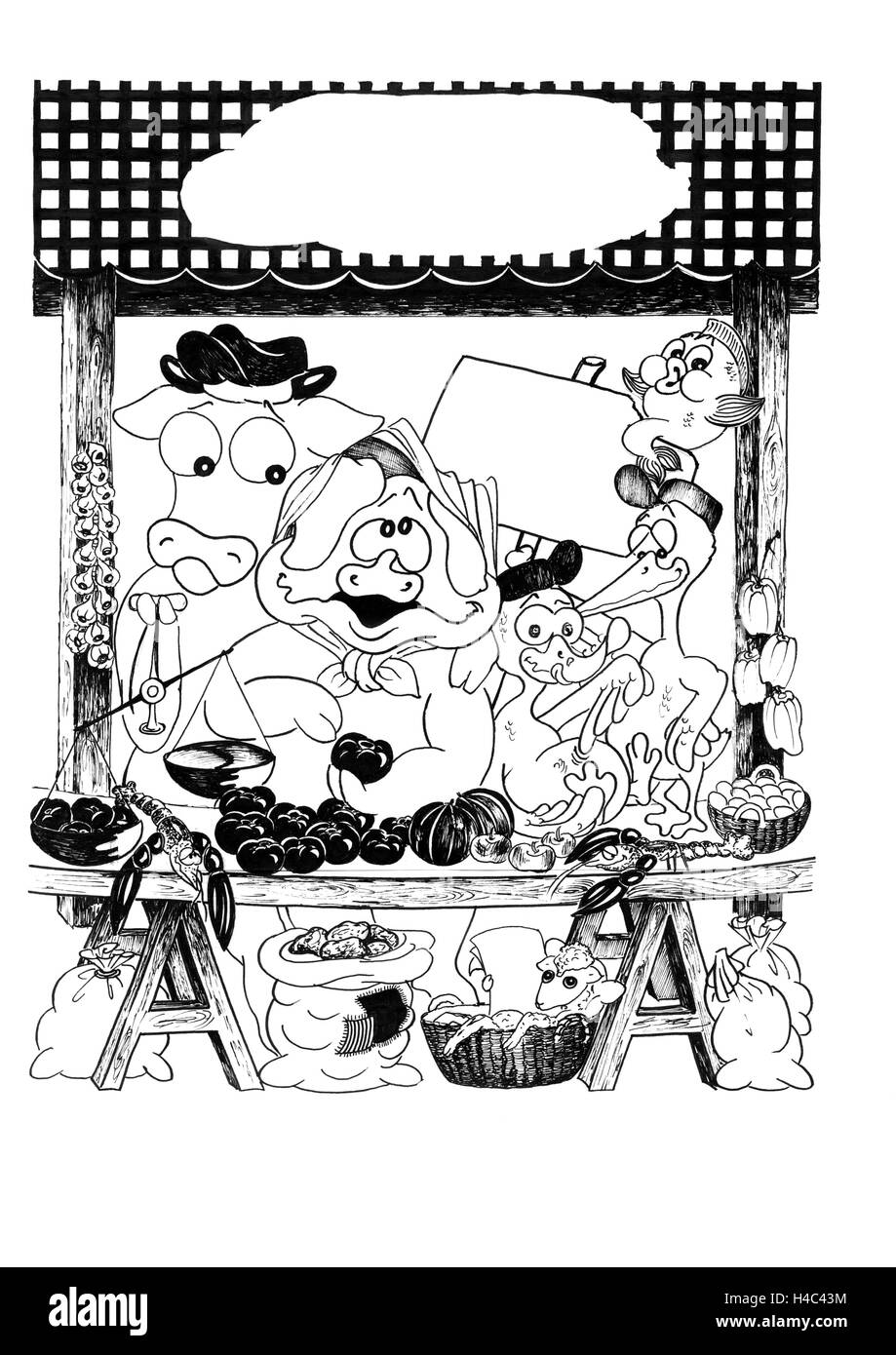 Marktverkäufe mit Rind, Schwein, Fische und Enten Stockfoto