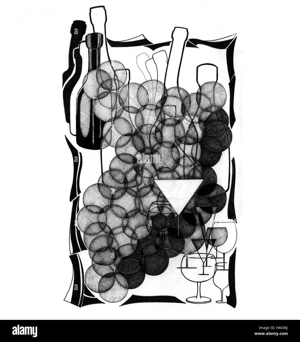 Moderne Kunst: Grape Bouquet mit Flaschen und Gläser Stockfoto