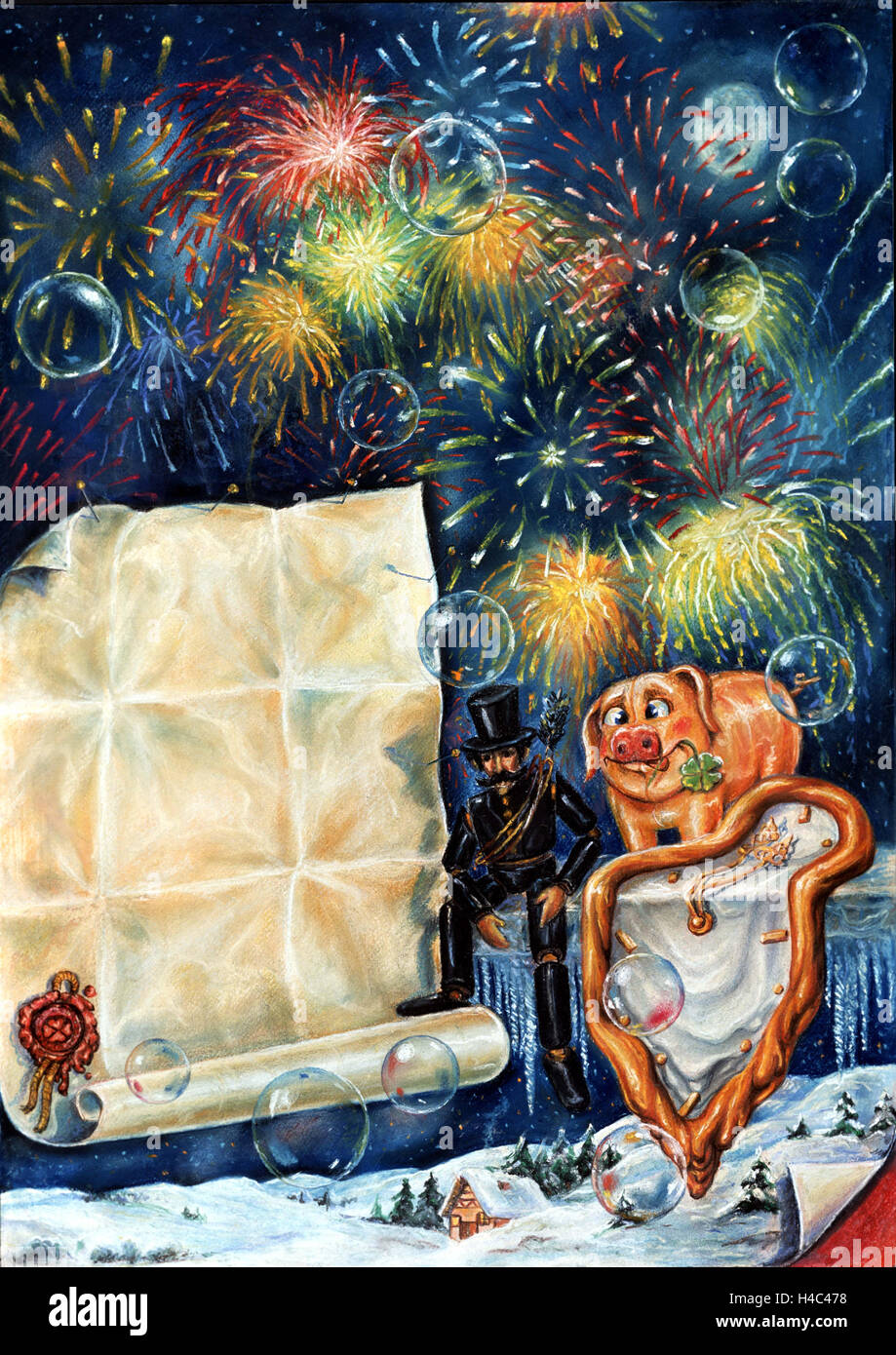 Neujahrskarte mit Ferkel und Schornsteinfeger Stockfoto