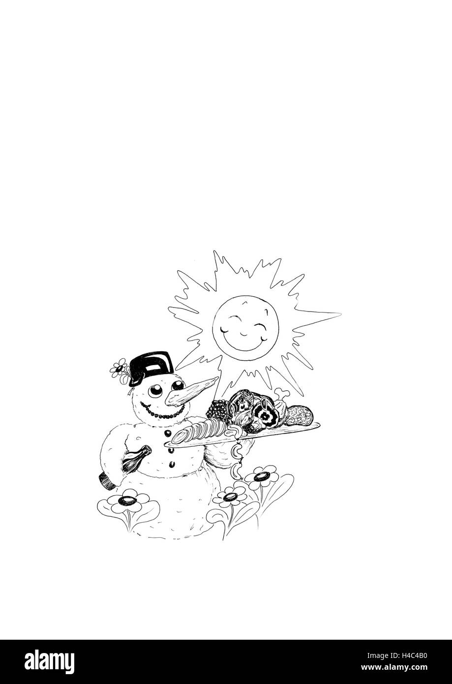 Schneemann in der Sonne serviert Köstlichkeiten Stockfoto