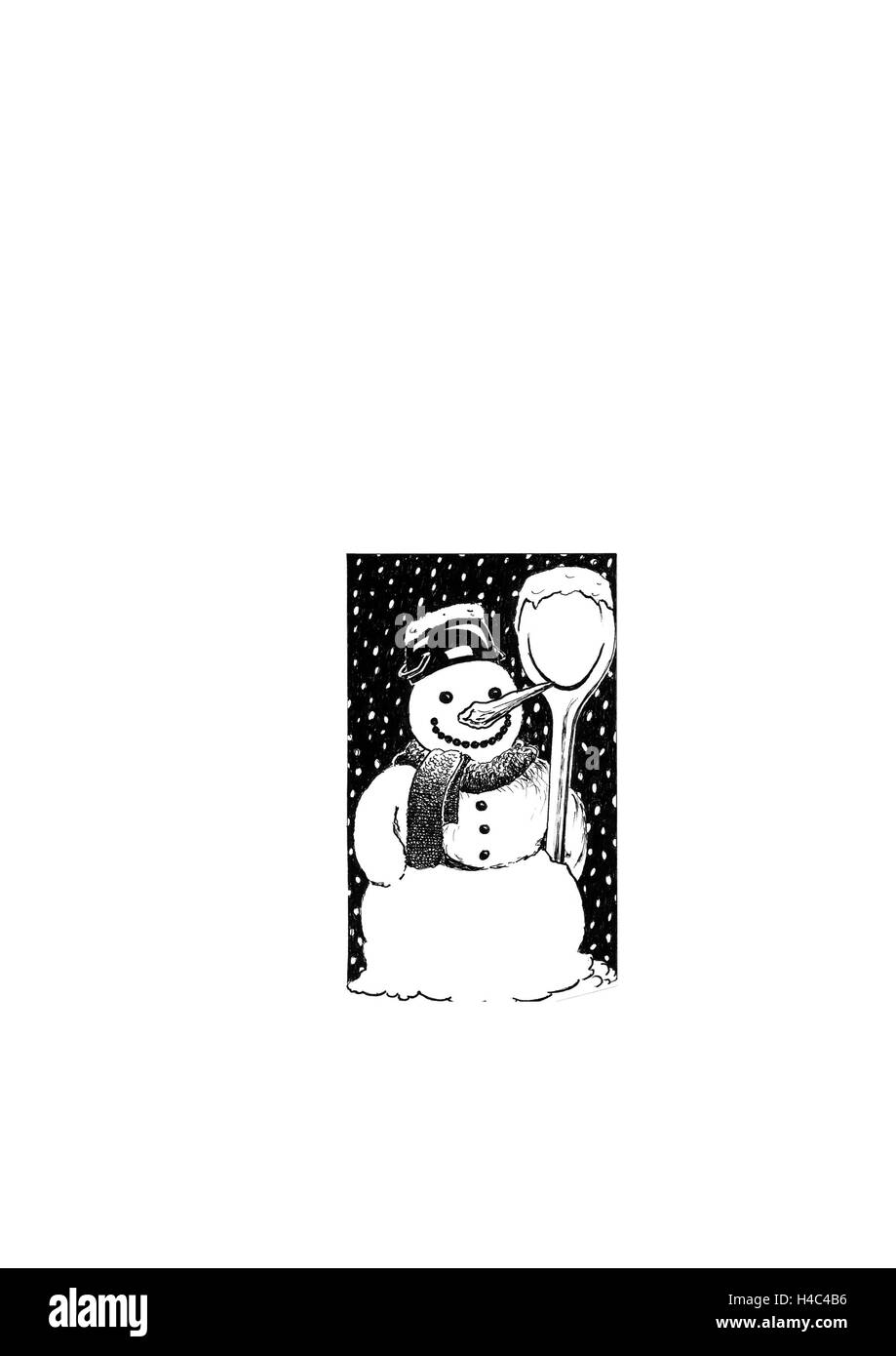 Schneemann mit fallenden Schneeflocken um Mitternacht Stockfoto
