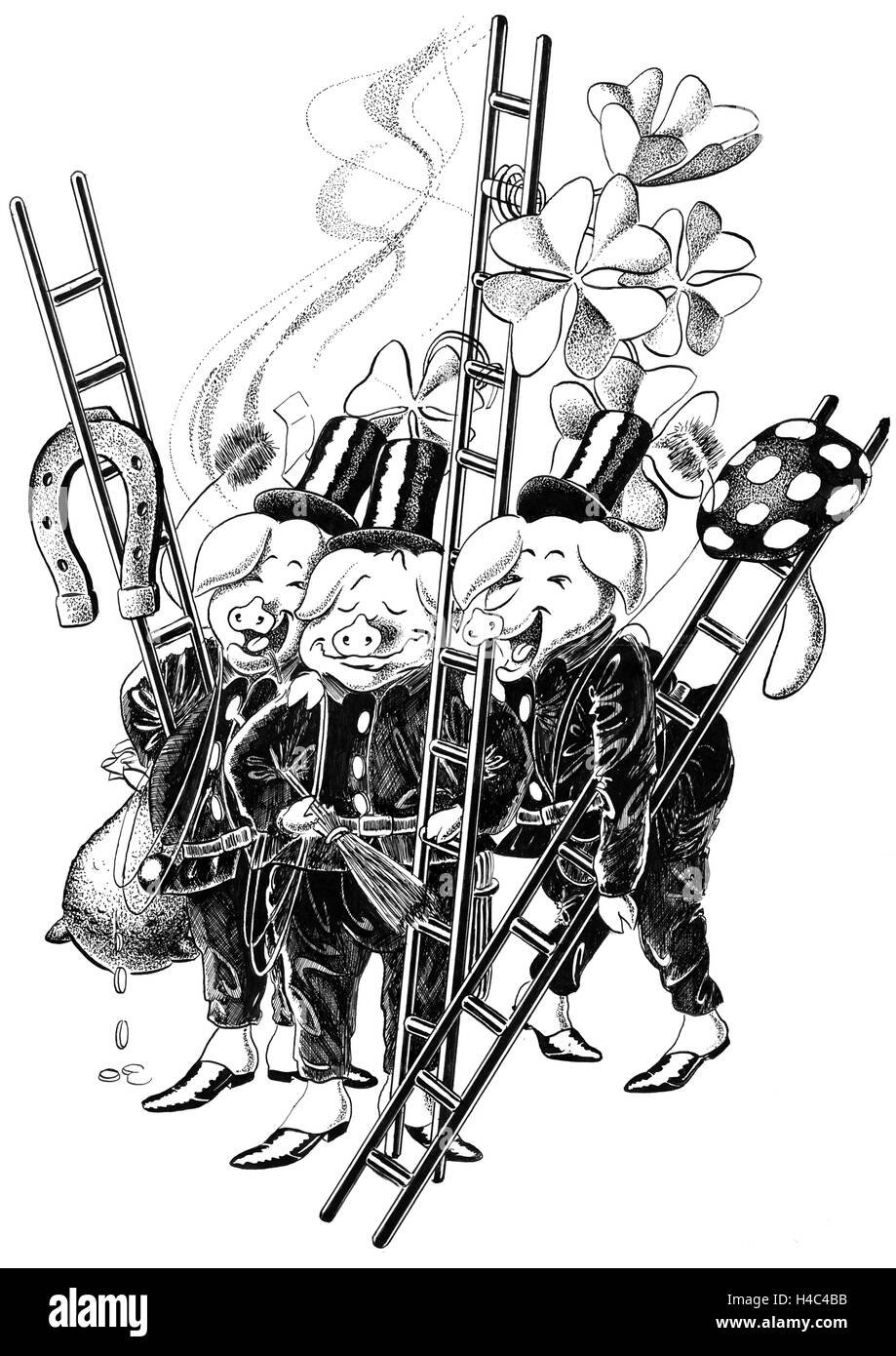Schornsteinfeger Schweine mit Leitern und Hufeisen am Neujahrstag Stockfoto