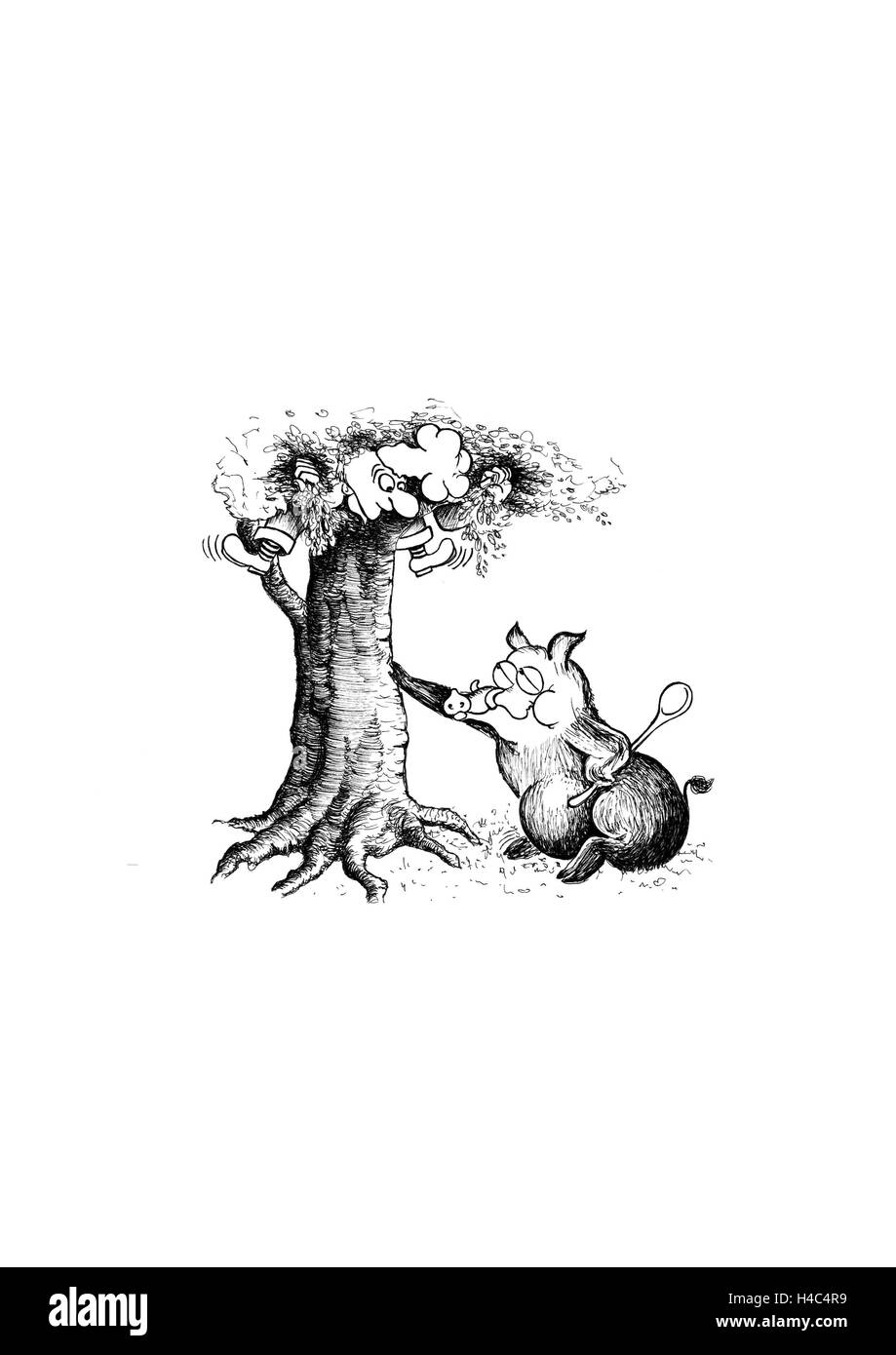 Wildschwein mit Angst Koch im Baum Stockfoto