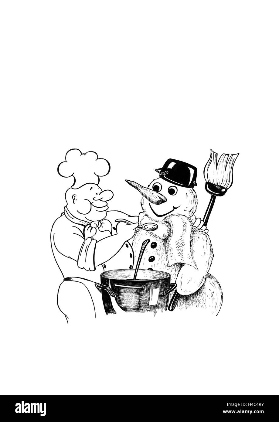 Winter-Menü, Kochen mit Schneemann Stockfoto