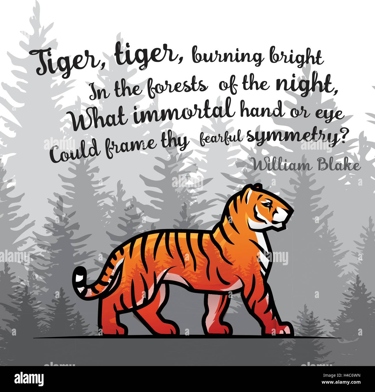 Bengal Tiger im Wald-Poster-Design. Doppelbelichtung Vektor Vorlage. Altes Gedicht von William Blake Abbildung auf nebligen Hintergrund. Stock Vektor Bengal Tiger im Wald-Poster-Design. Doppelbelichtung Vektor Vorlage. Altes Gedicht von William Blake Abbildung auf nebligen Hintergrund. Stock Vektor