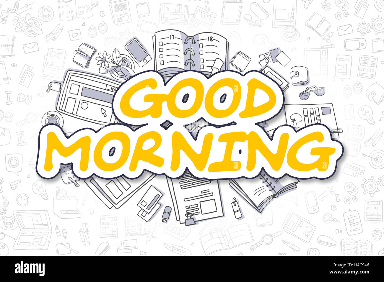 Guten Morgen - Doodle gelben Text. Business-Konzept. Stockfoto