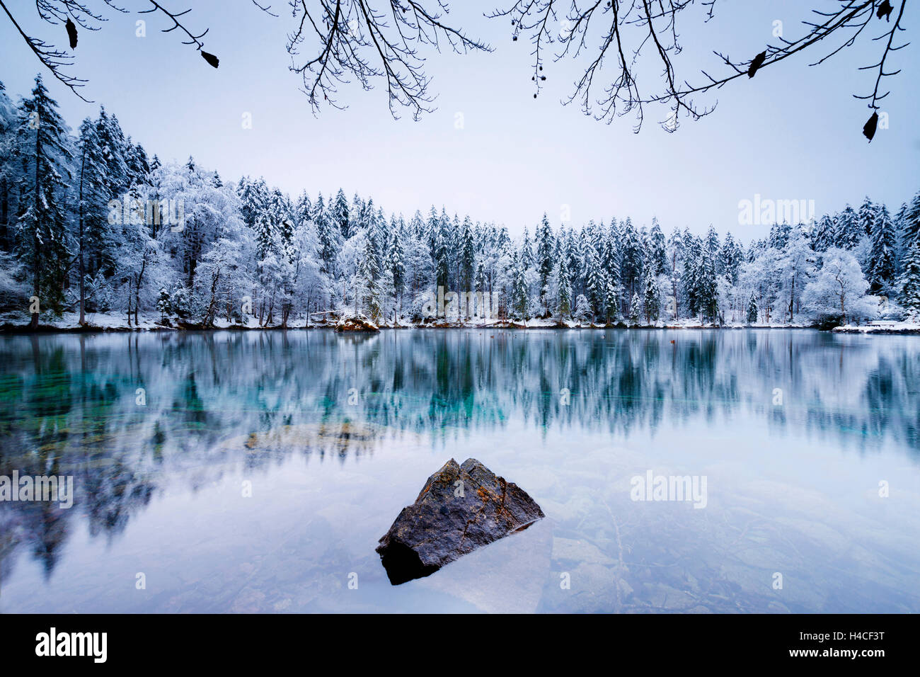 Deutschland, Bayern, Alpen, Garmisch, See Badersee, Grainau, Winter, Kälte, blau, Holz, Schnee, Eis, Frost, Tannen, blau, See, Steinen, Felsen, Landschaft, Stockfoto